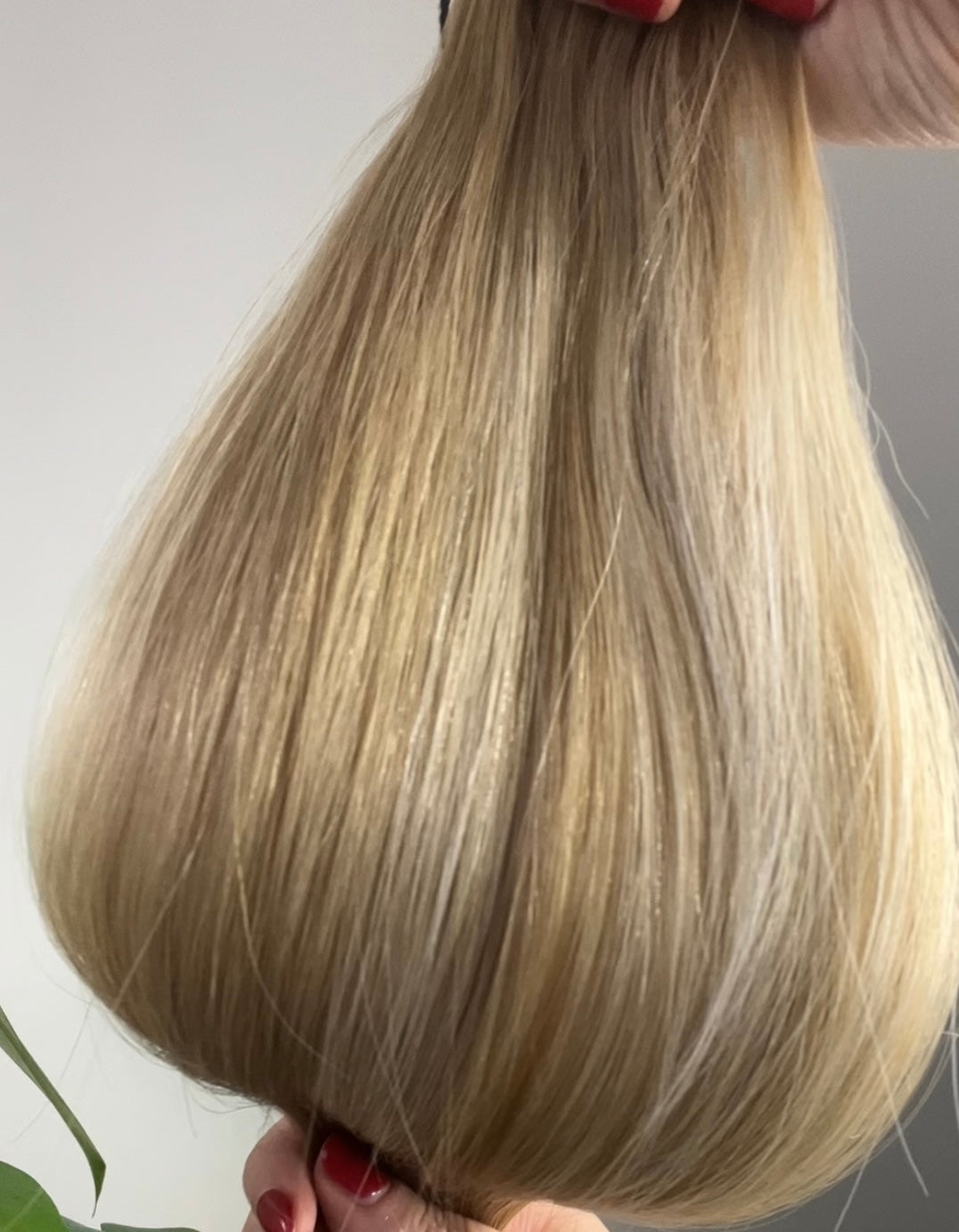Biscotti rooted golden dimensional blonde microweft hair extensions by Harlow Hair