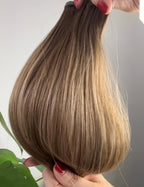 Brown Sugar rooted soft dimensional warm brunette microweft hair extensions by Harlow Hair