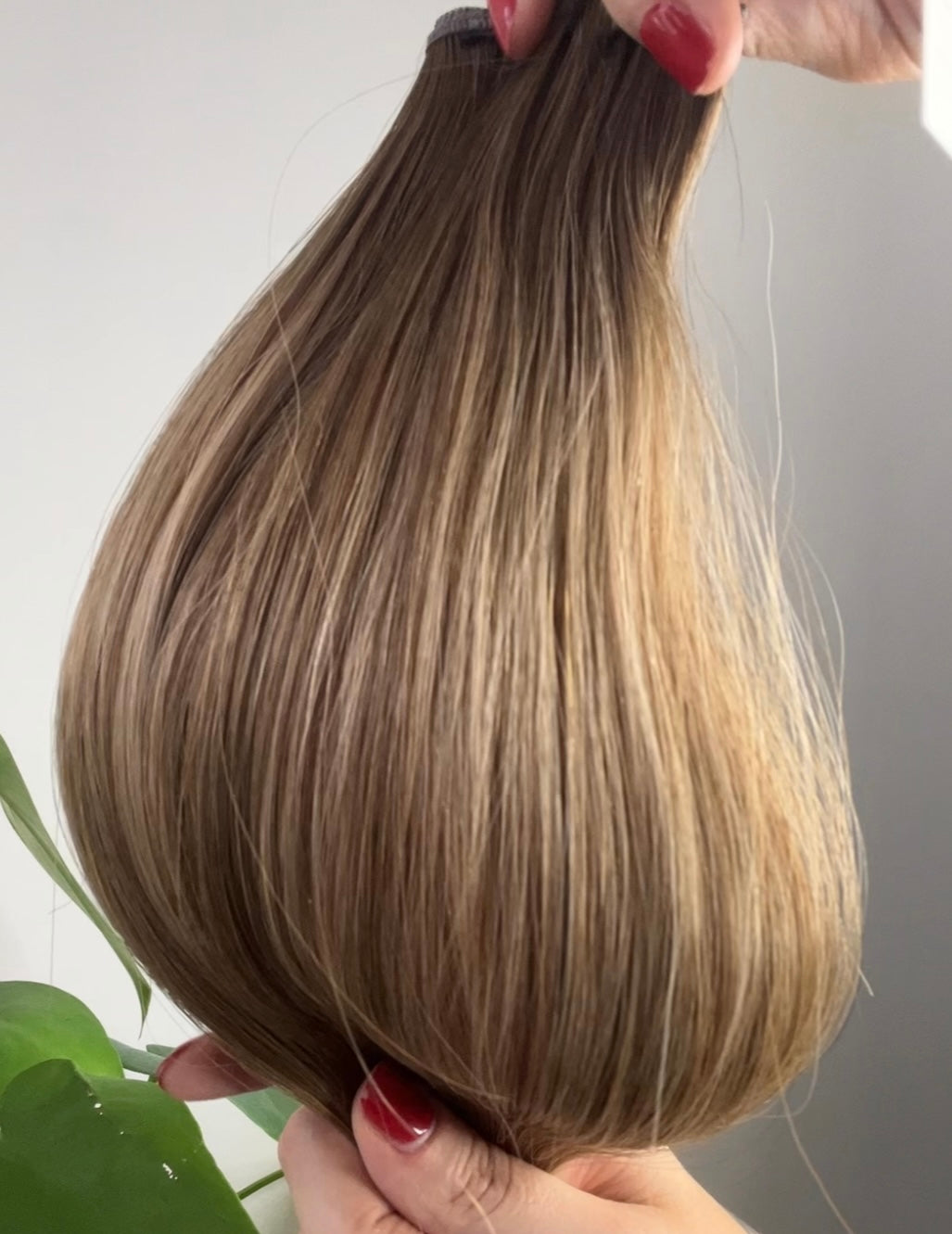 Brown Sugar rooted soft dimensional warm brunette microweft hair extensions by Harlow Hair