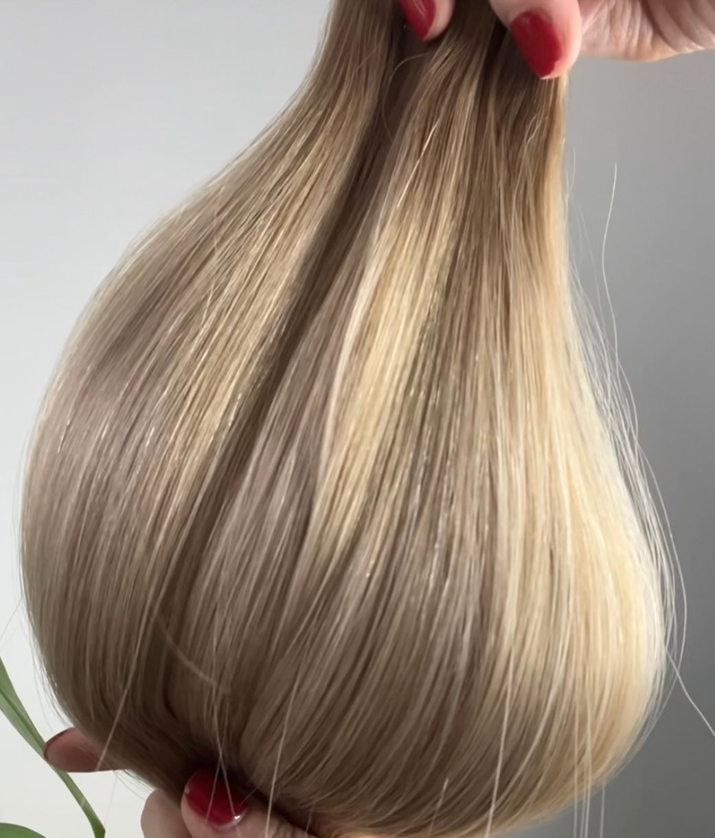 Chai Latte rooted neutral to warm dimensional blonde microweft hair extensions by Harlow Hair