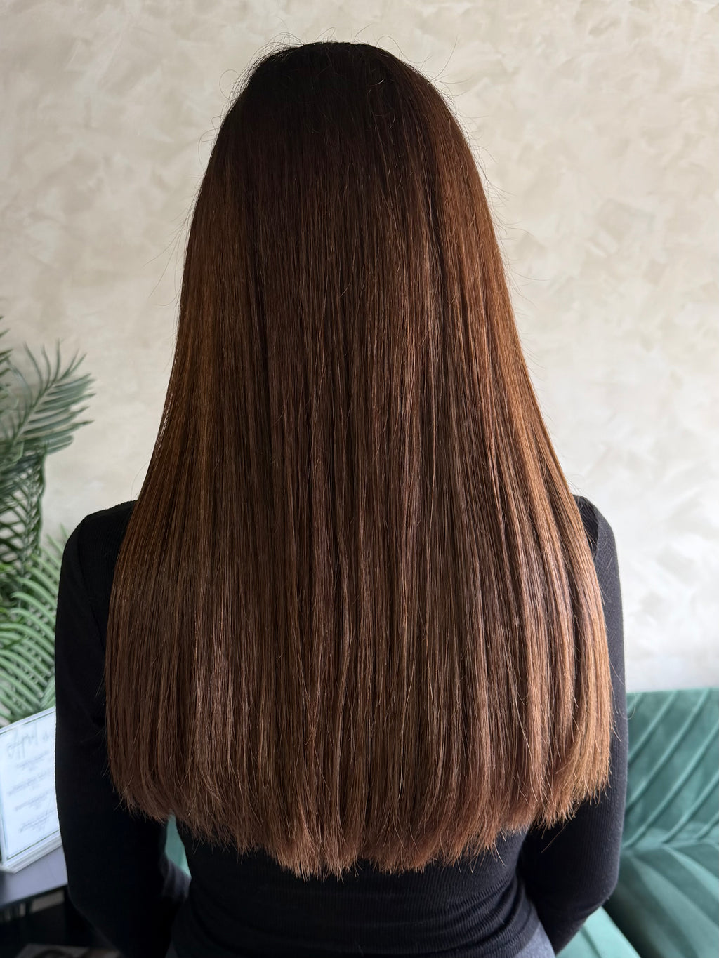 Chestnut Roast warm brunette hair extensions installed