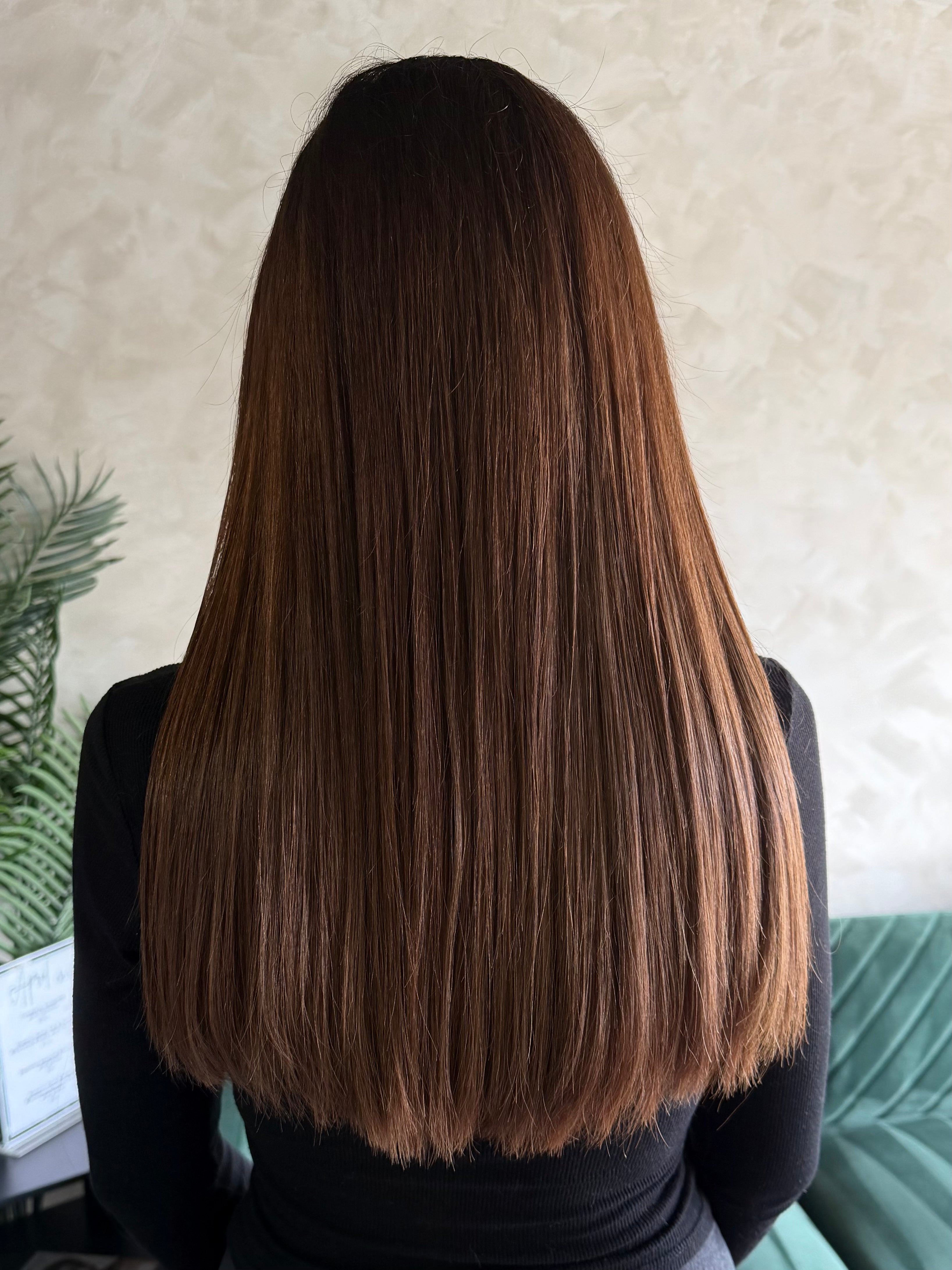 Chestnut Roast warm brunette hair extensions installed