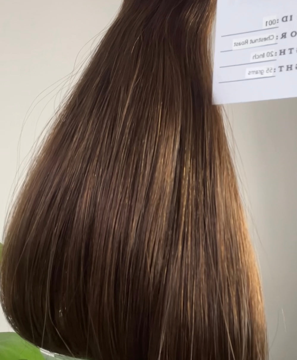Chestnut Roast warm brunette microweft hair extensions by Harlow Hair