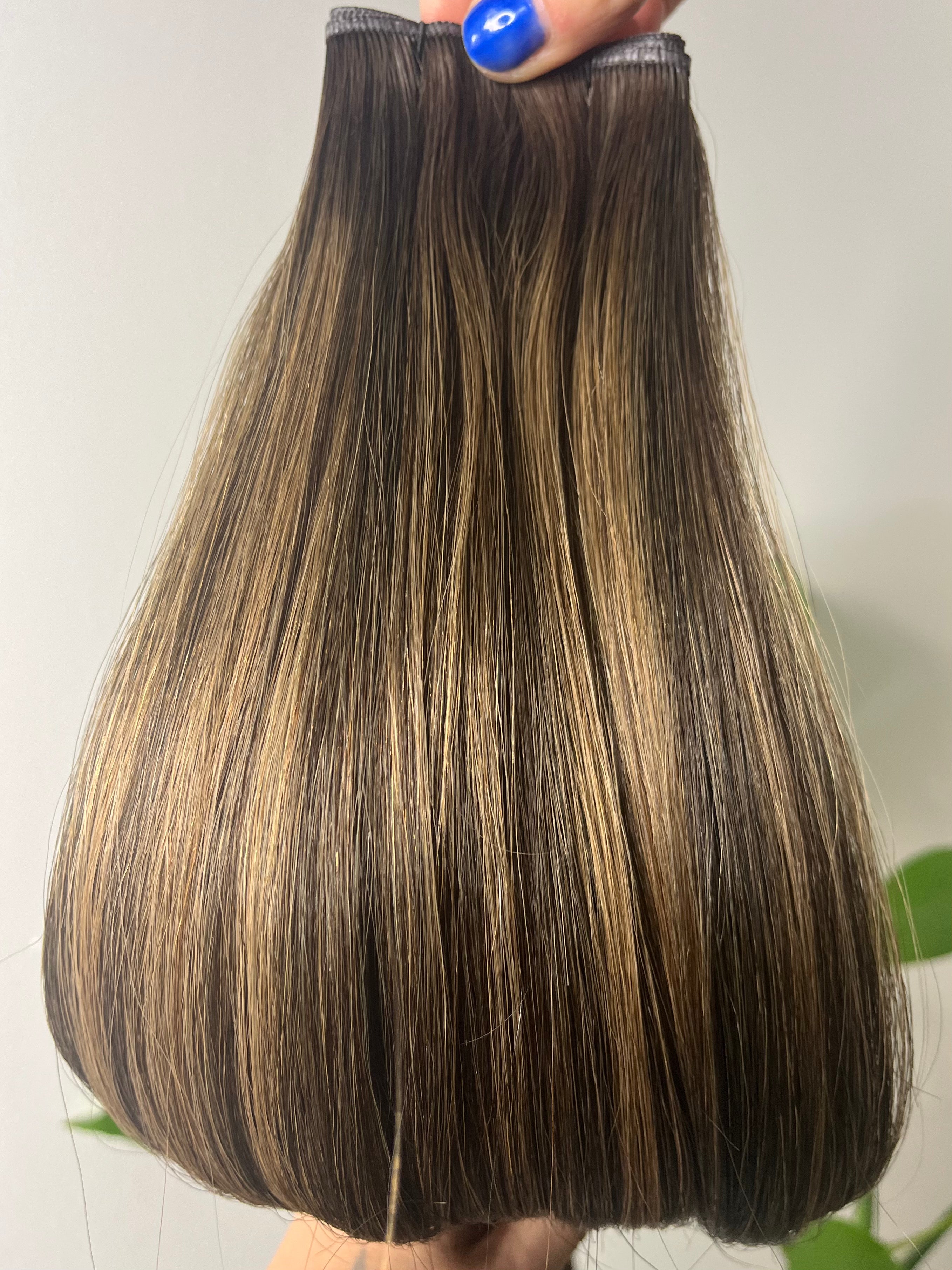 Cinnamon Swirl dimensional brunette blonde microweft hair extensions by Harlow Hair