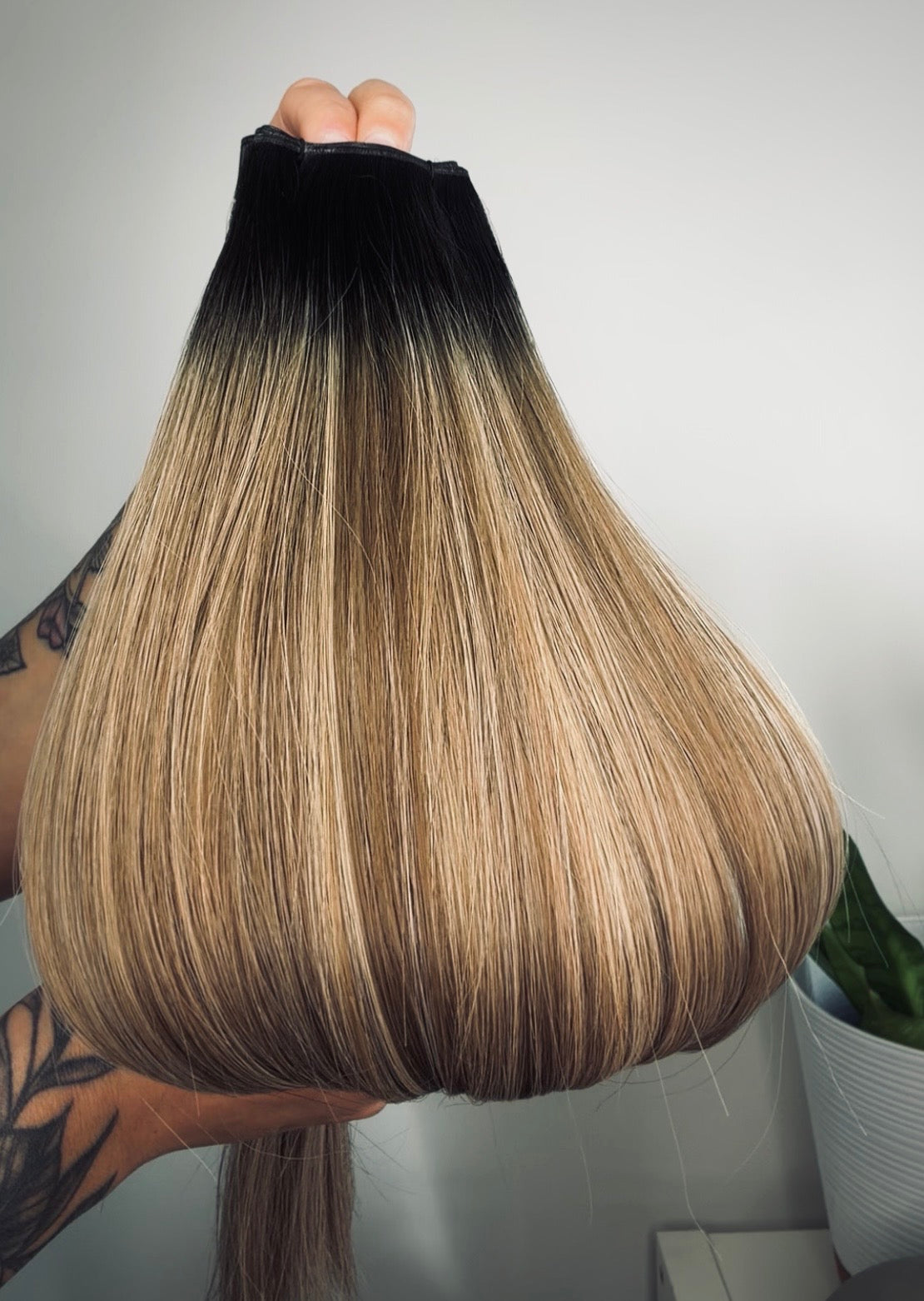 dark dimensional blonde microweft hair extensions by Harlow Hair