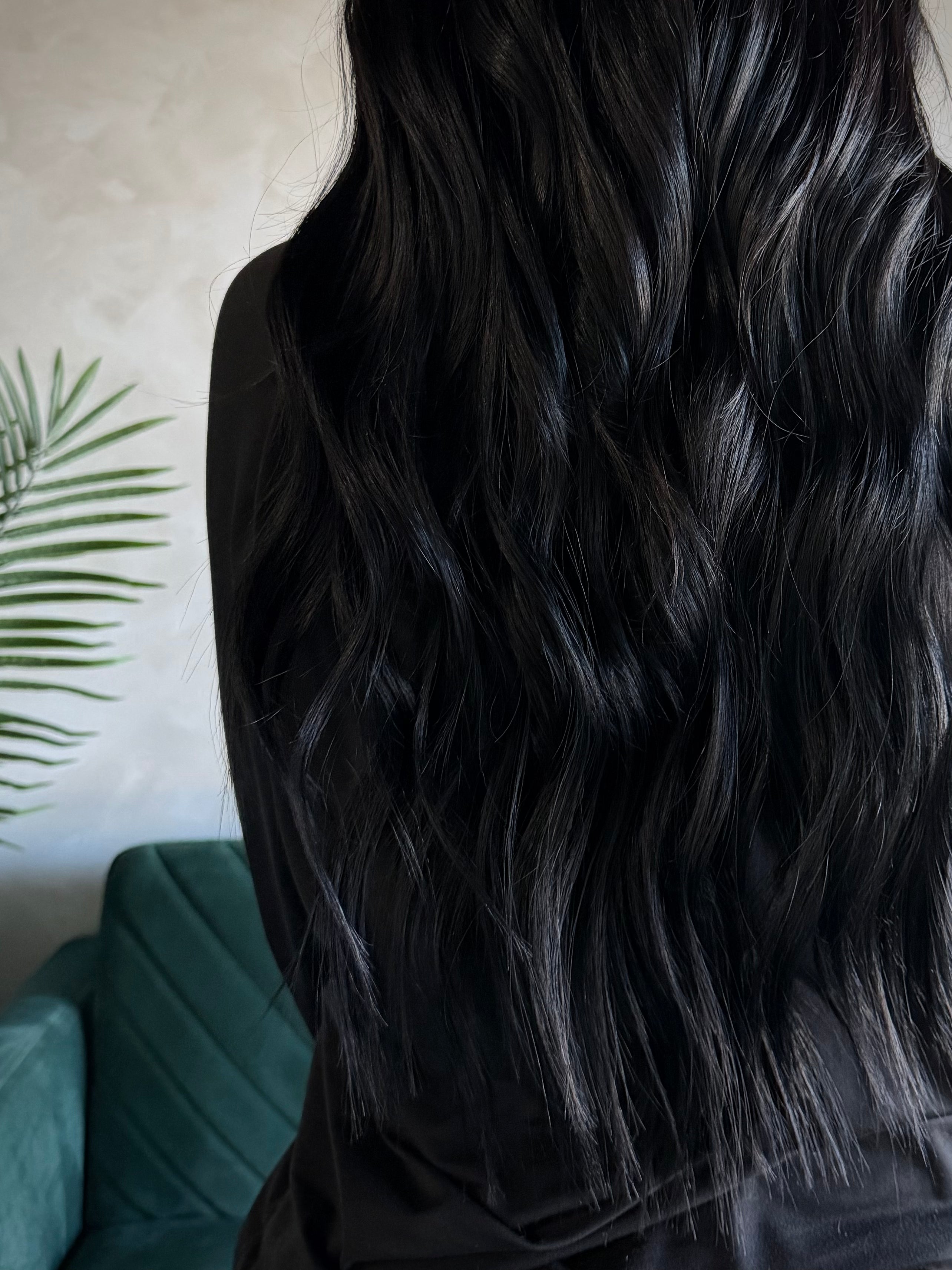 Espresso jet black hair extensions installed