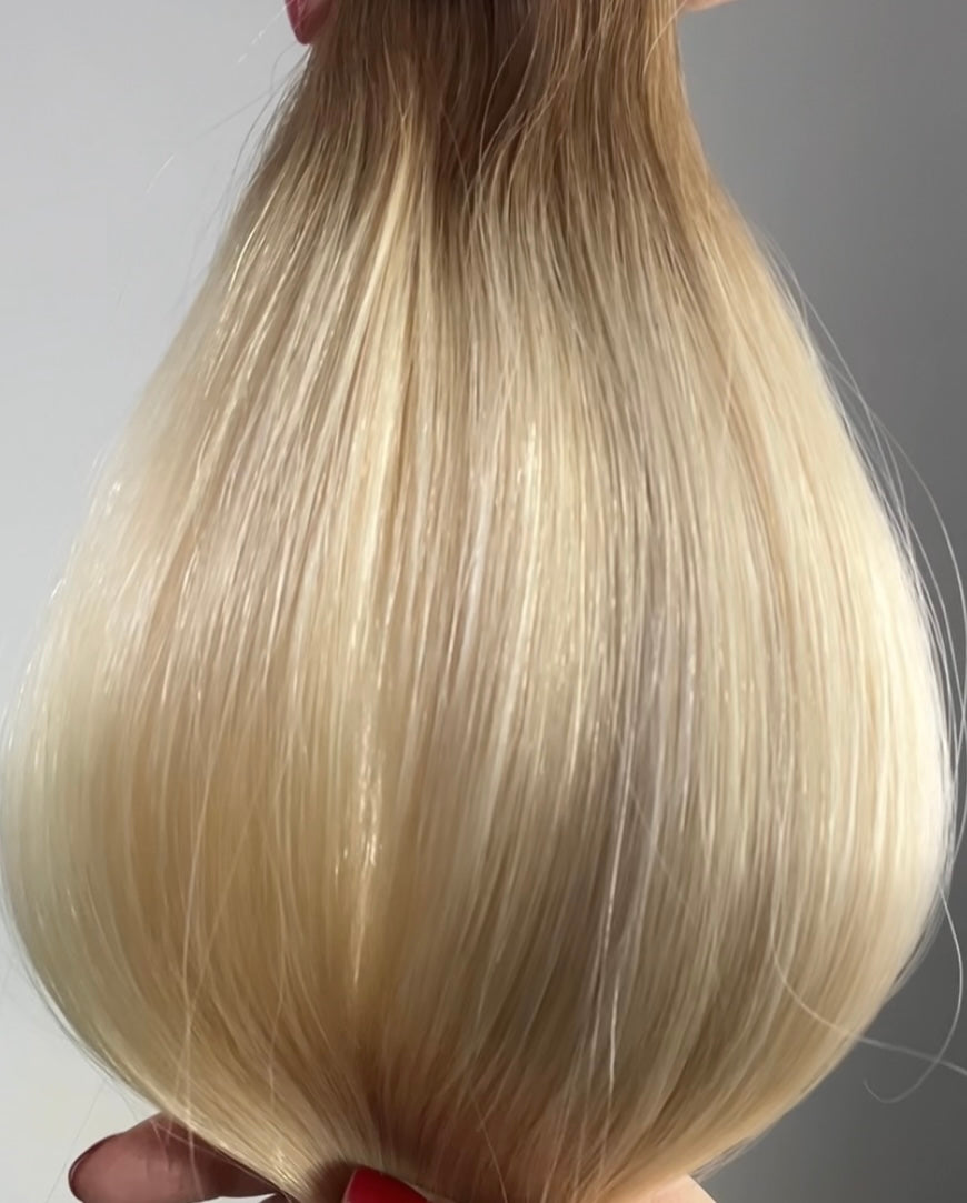 London Fog warm rooted blonde hair extensions by Harlow Hair