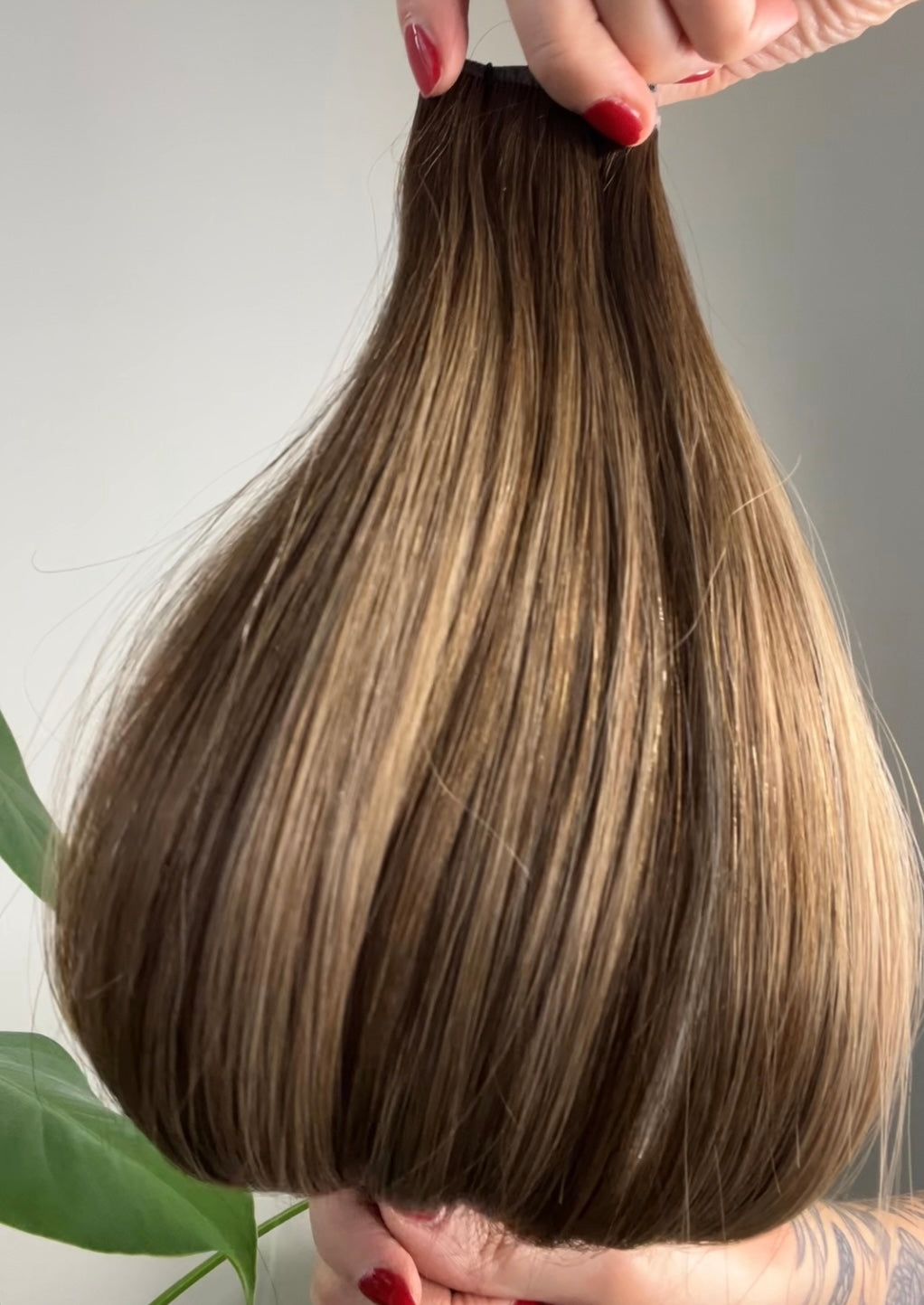 Mocha Drizzle rooted dimensional caramel brunette microweft hair extensions by Harlow Hair