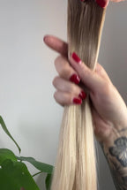 Rooted dimensional blonde hair extensions by Harlow Hair 