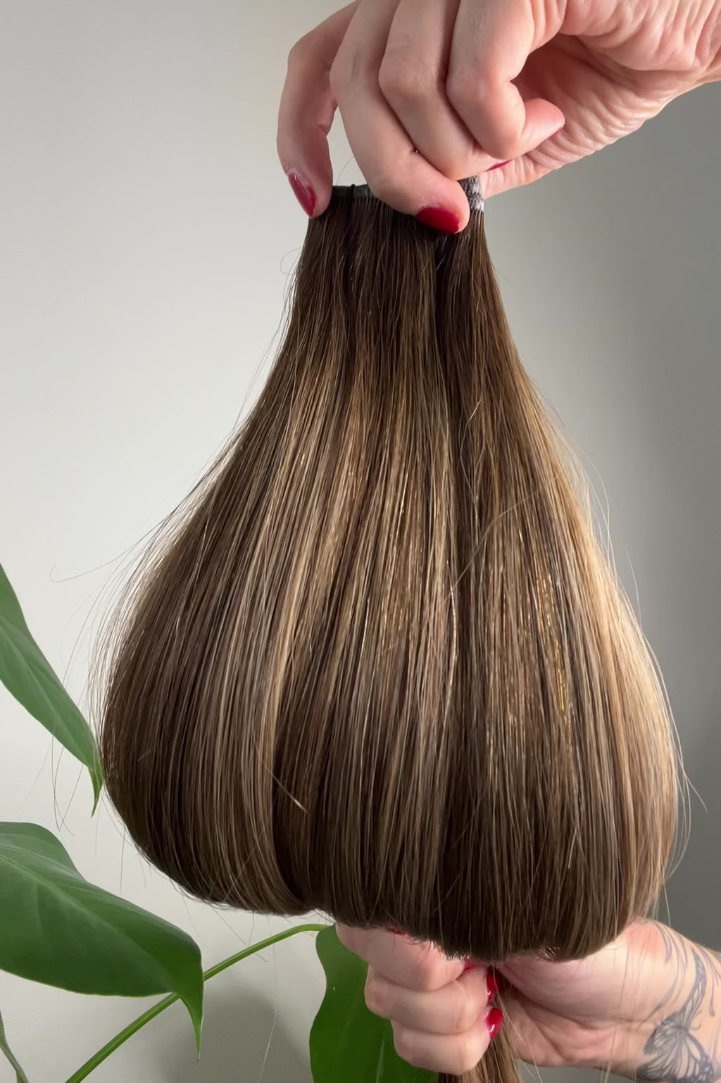 Mocha Drizzle rooted dimensional caramel brunette microweft hair extensions by Harlow Hair