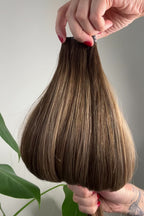Mocha Drizzle rooted dimensional caramel brunette microweft hair extensions by Harlow Hair