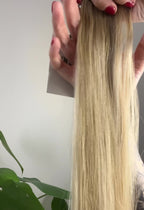 Dimensional golden blonde microweft hair extensions by Harlow Hair
