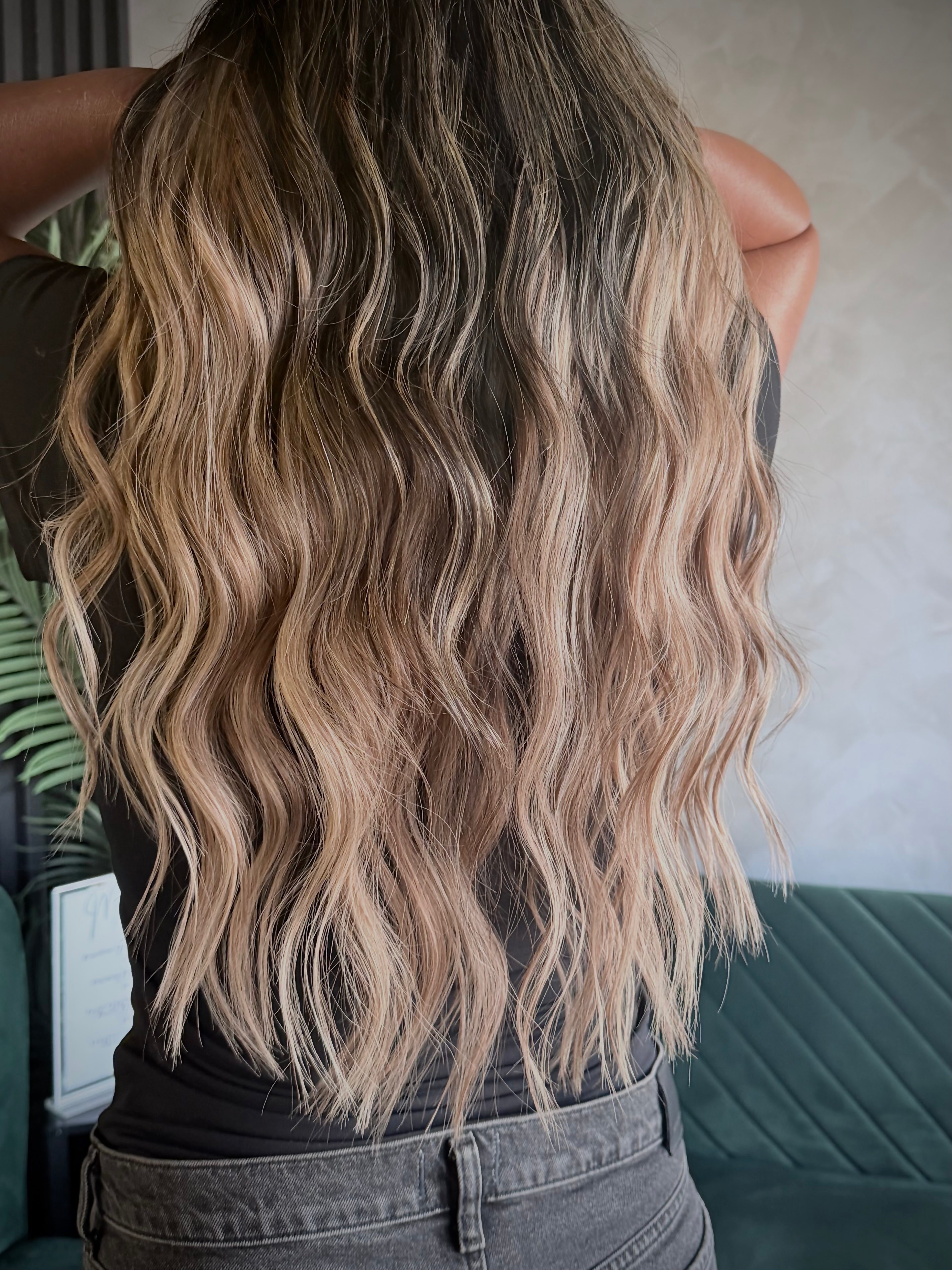 Toasted Almond dimensional blonde hair extensions installed